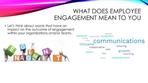 A slide with words and pictures that describe what engagement means.